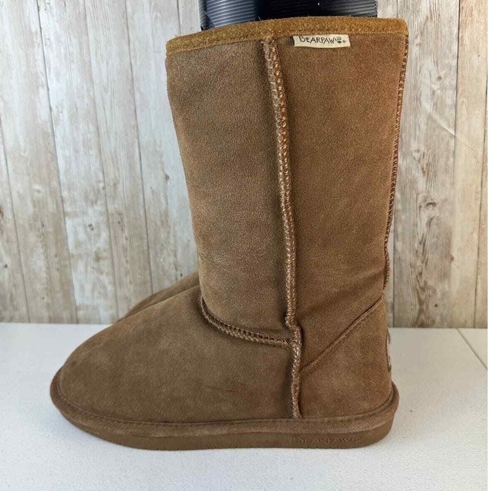 Bearpaw Emma Short Snow Boot Womens Size 9 Tan Brown Wool Shearling Fleece Lined